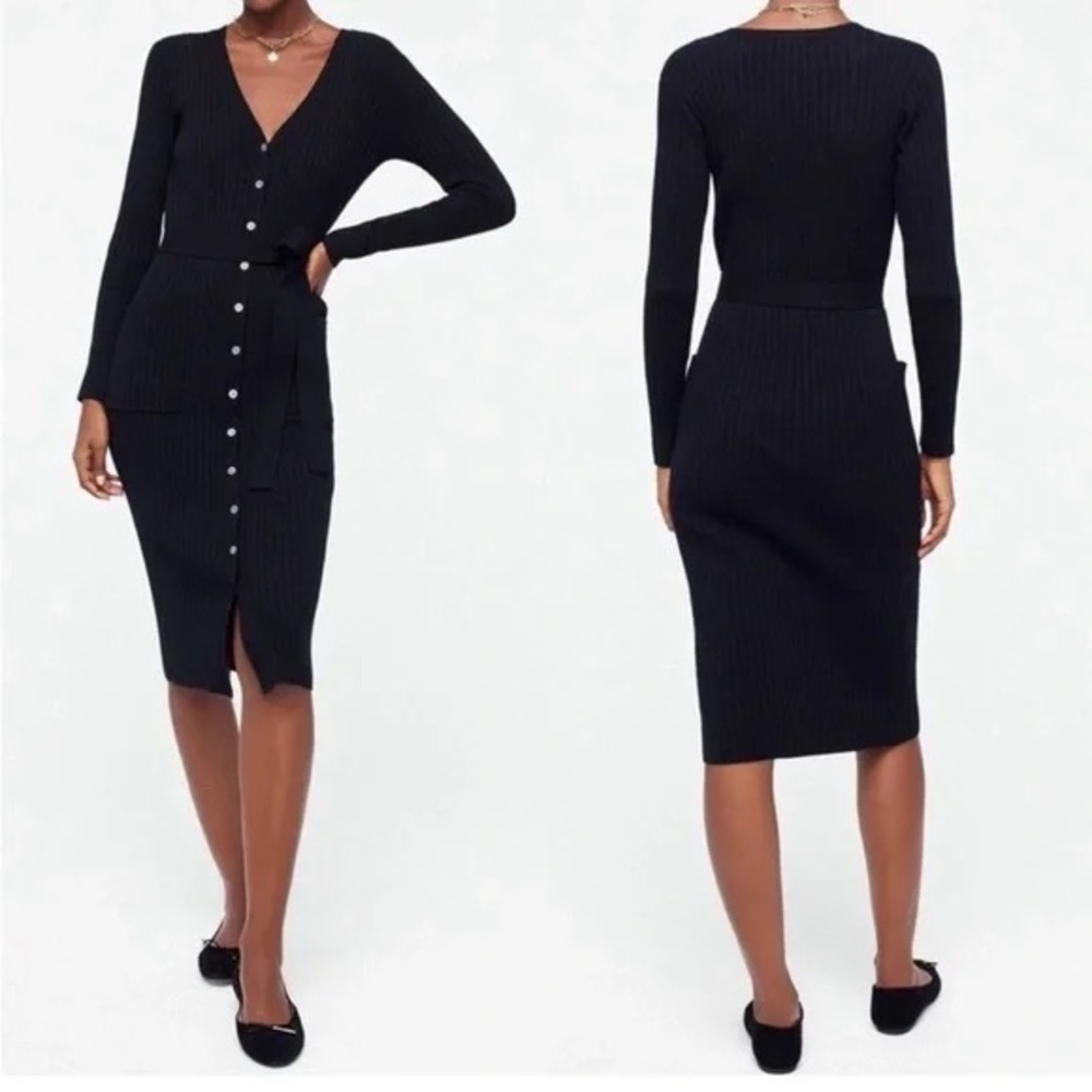 J Crew Ribbed V-Neck Cardigan Sweater Dress in Black